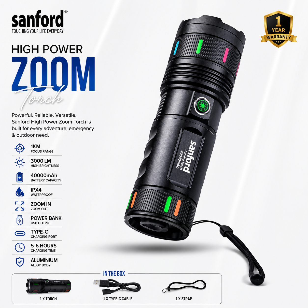 Sanford 40,000mAh High Power  Zoom Torch Light